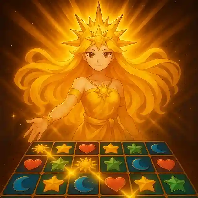 Sun Princess slot character illuminating the board with stars, hearts, suns, and moon symbols