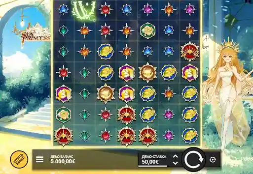 Sun Princess slot grid showing cluster symbols and bright Sun Ray patterns