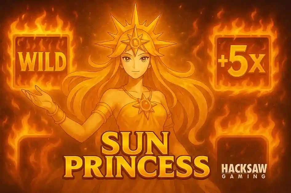 Sun Princess slot promotional artwork with wild symbol, 5x multiplier and fiery golden background
