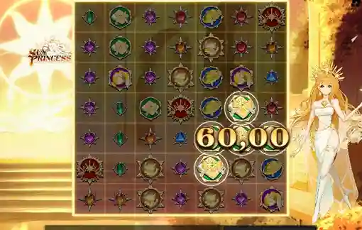 Sun Princess slot cluster win of 60.00 with glowing symbols and anime princess on the right