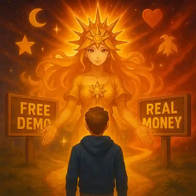 Sun Princess guiding a player between two glowing paths labeled Free Demo and Real Money, in radiant golden Hacksaw Gaming slot style