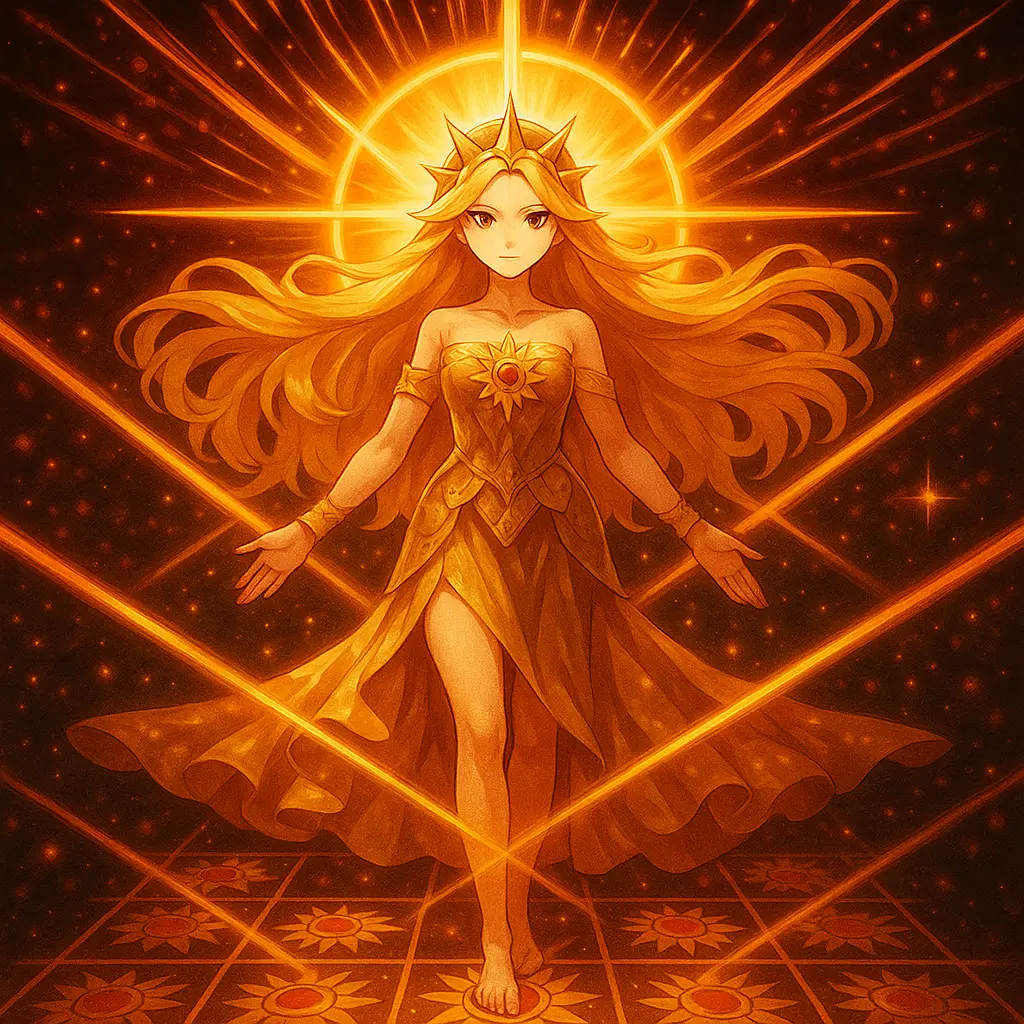 Sun Princess slot goddess surrounded by golden light beams standing over glowing symbols grid