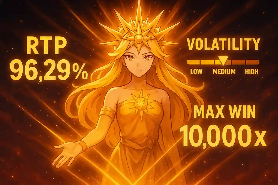 Sun Princess slot stats showing 96.29% RTP, medium volatility and 10,000x max win with glowing golden goddess artwork