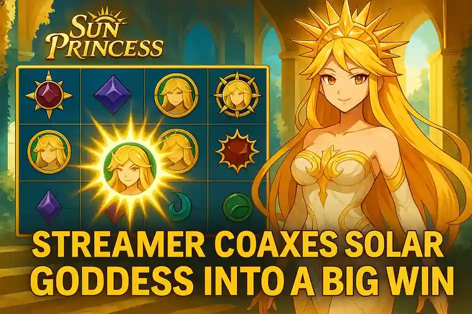 Sun Princess slot artwork featuring the Sun Princess character beside an overflowing golden treasure chest with gems.”