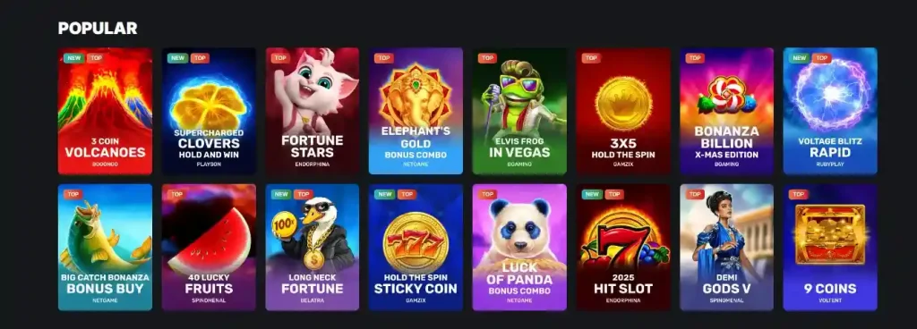 Kaasino popular slot games grid including Fortune Stars Clovers Elephant’s Gold and more