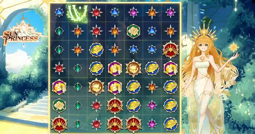 Sun Princess slot grid with cluster symbols and anime goddess on the right