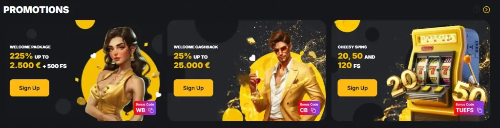 Casino promotions including welcome package, cashback, and free spins bonuses