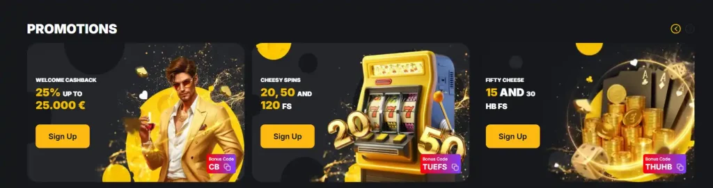 Casino promotions banner with 25% cashback and free spins offer